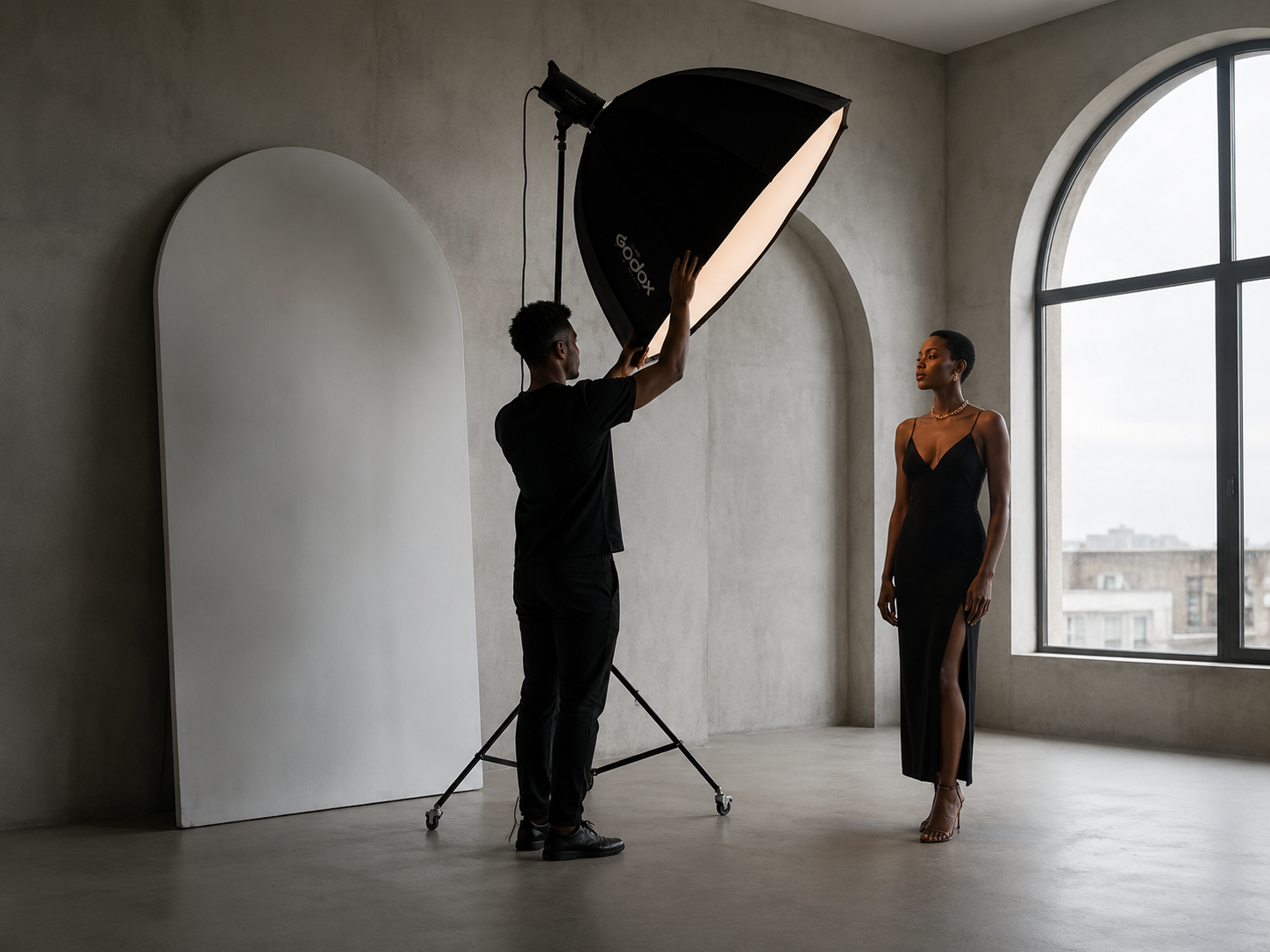A photography studio session with professional lighting